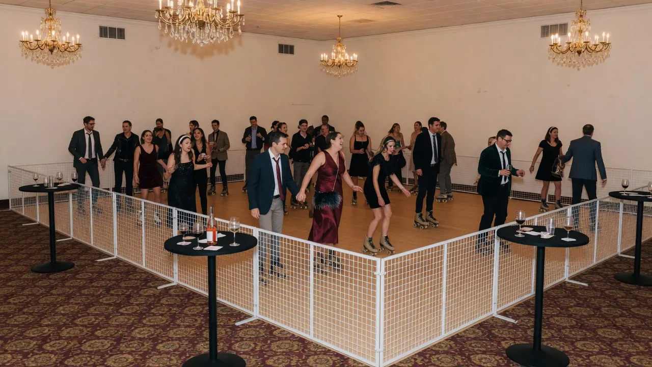 Portable roller rink rails and lighting prepared in a ballroom