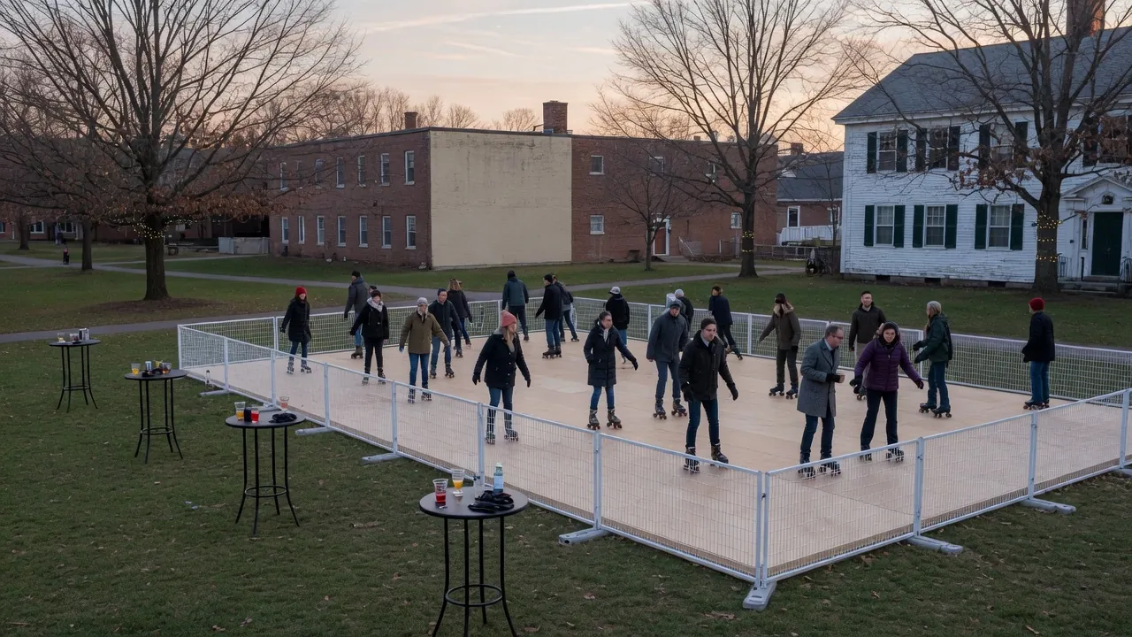 Guests skating on a modular roller floor inside a hotel event room