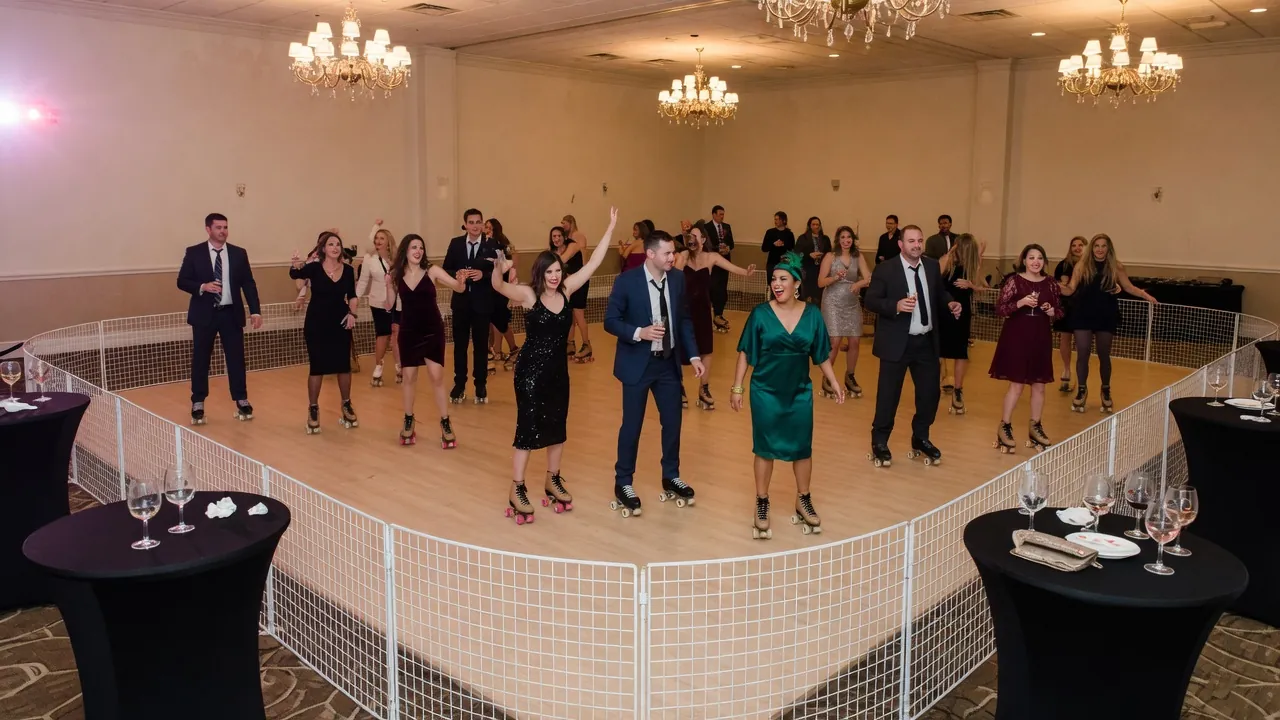 Portable roller rink rails, skates, and event lighting prepared inside hotel ballrooms, resort spaces, and conference venues