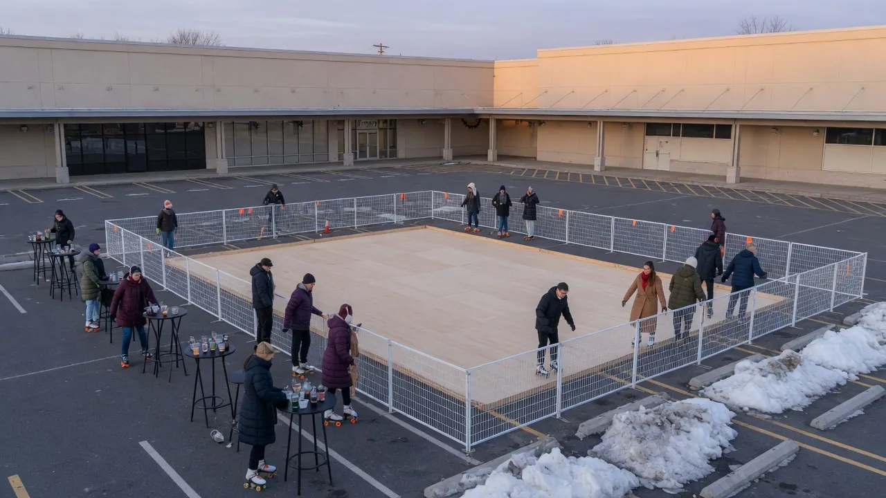Guests skating on a modular roller floor inside a hotel event room