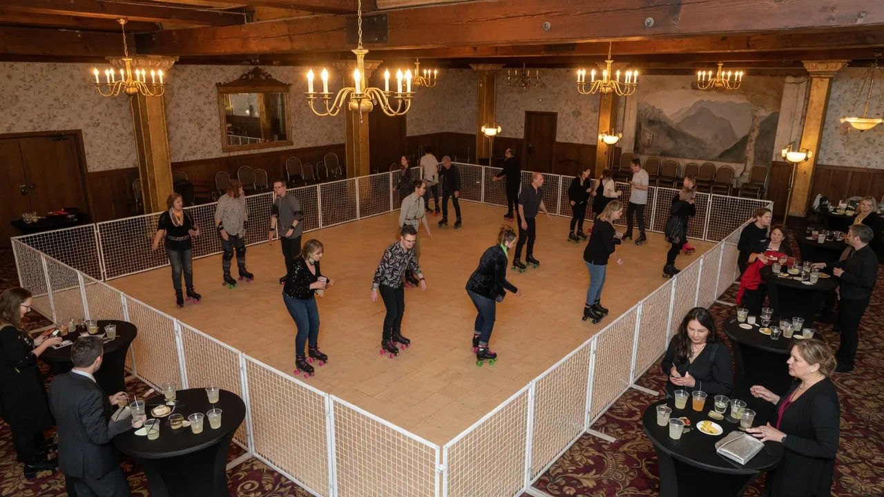 Portable roller rink rails and lighting prepared in a ballroom