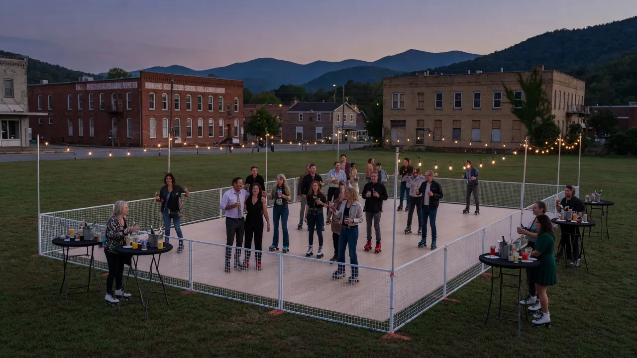 Guests skating on a modular roller floor inside a hotel event room