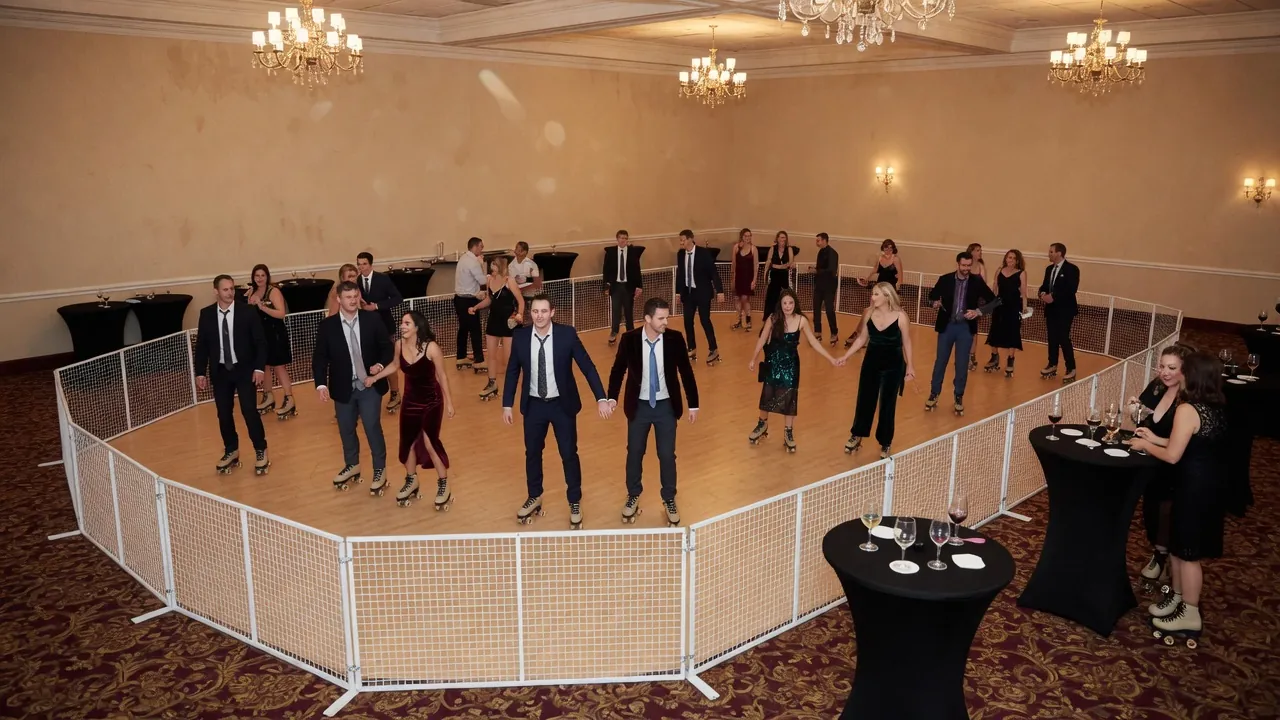 Portable roller rink rails, skates, and event lighting prepared inside community halls, festival spaces, and civic venues
