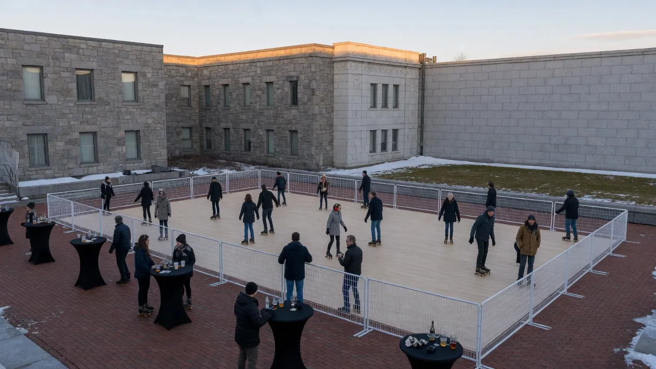 Families skating on a modular roller floor at a community event