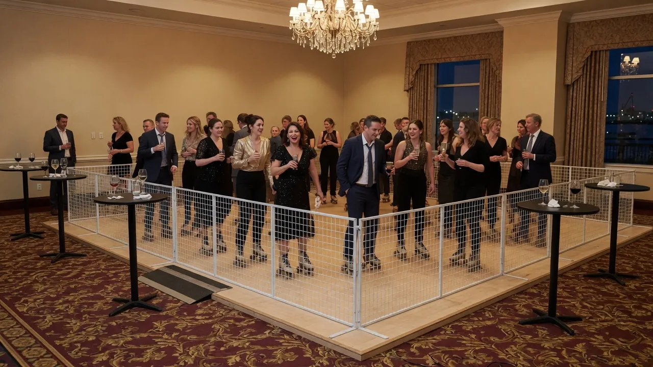 Portable roller rink rails and skating surface prepared in a ballroom