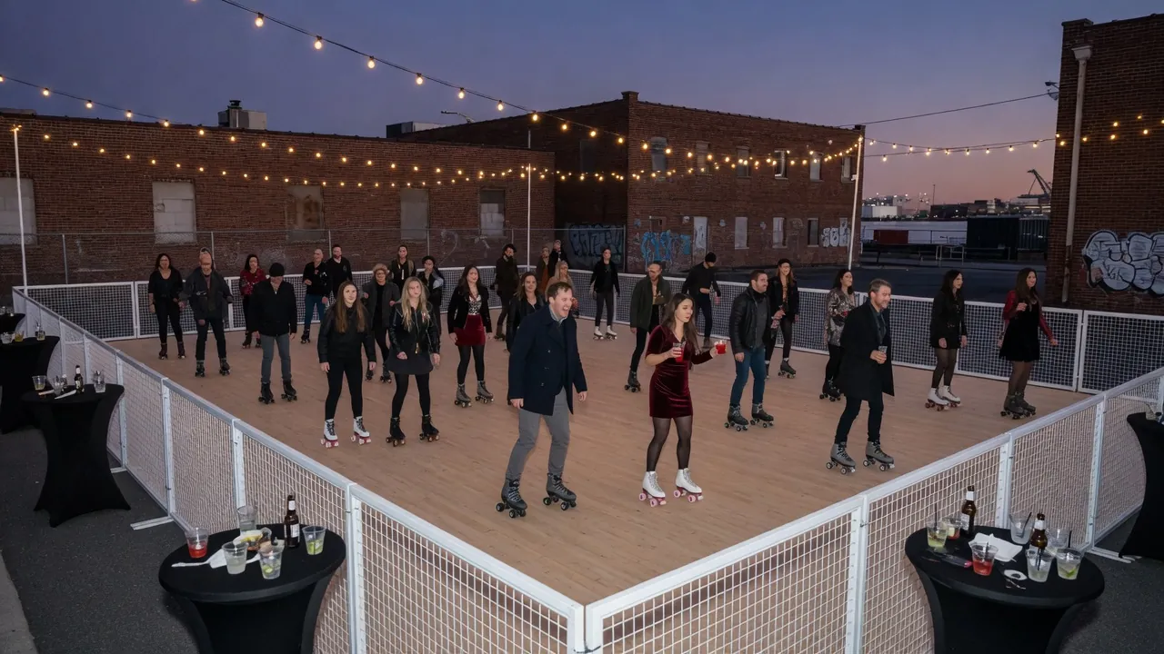 Roller skates arranged beside a staffed check-in and fitting area