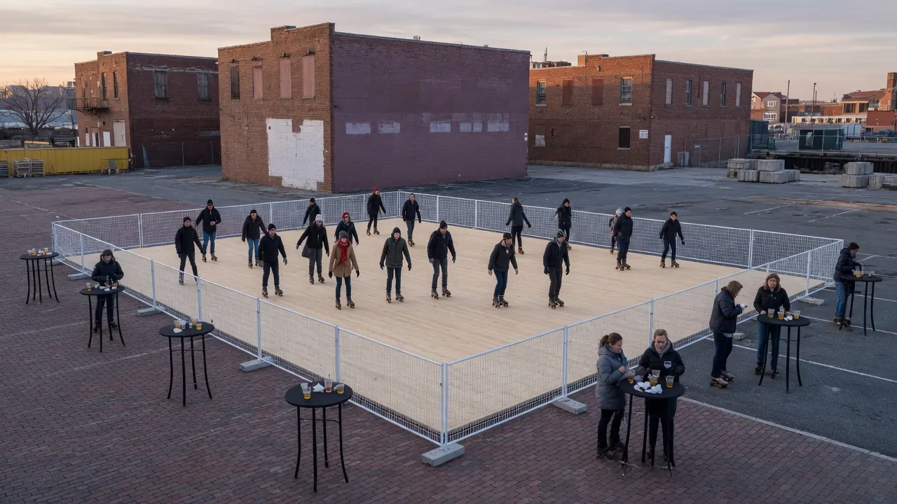 Guests skating on a modular roller floor inside a city event hall