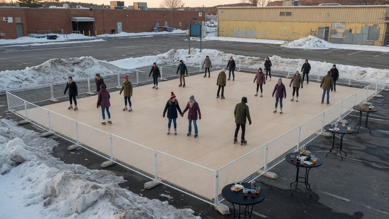 Guests skating on a modular roller floor at a retail event