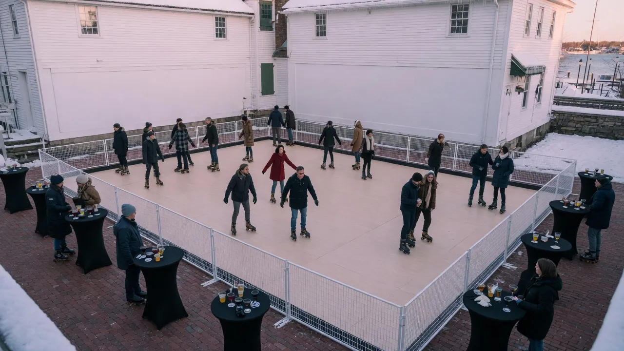 Guests skating on a modular roller floor at an event venue