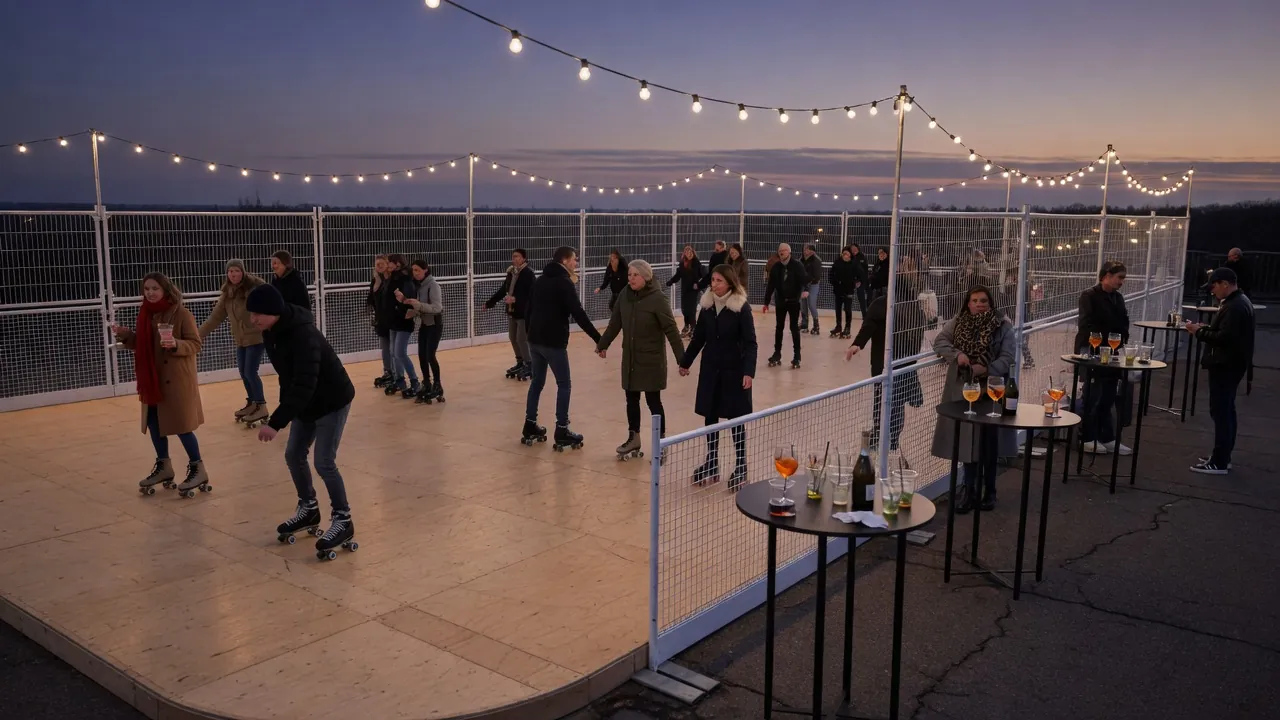 Editorial photo of a portable roller rink setup near a Bear-style event pad; not a specific venue