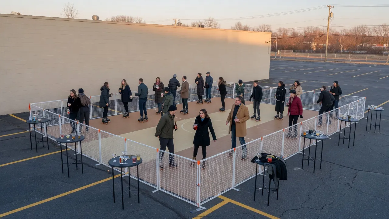 Editorial photo of a portable roller rink in a Bear-style setting; not a specific venue