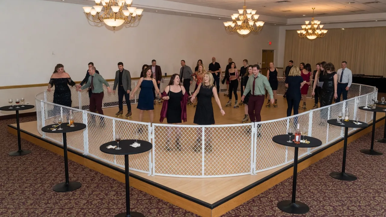 Portable roller rink rails, skates, and event lighting prepared inside school gyms, campus recreation rooms, and youth venues