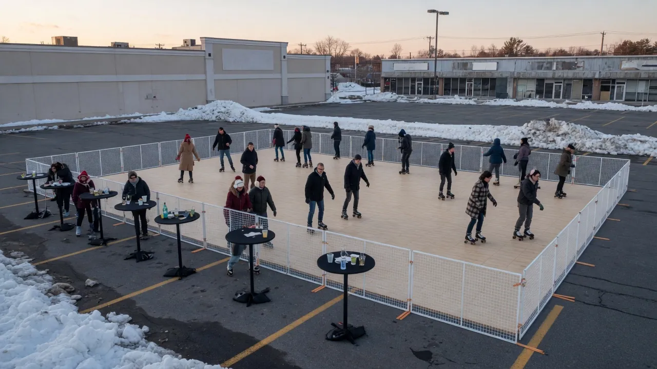 Students skating on a modular roller floor inside a gym