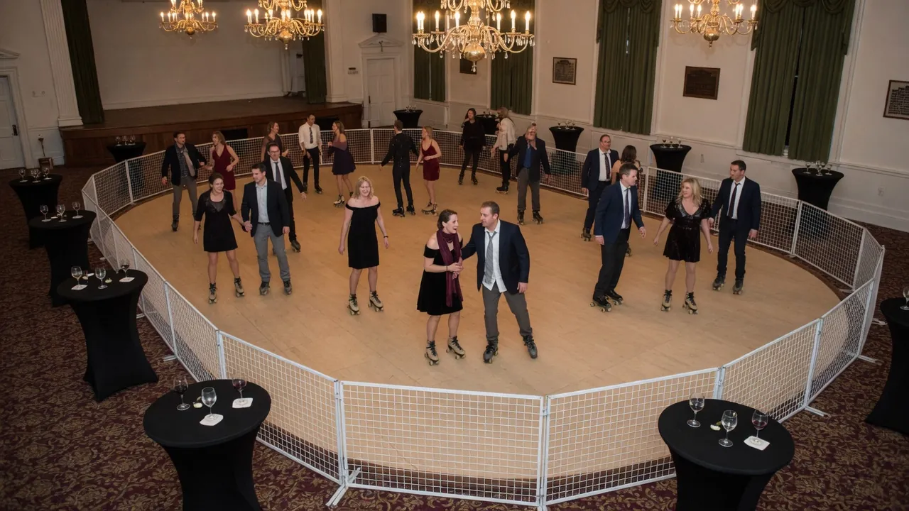 Portable roller rink rails and lighting prepared in a ballroom