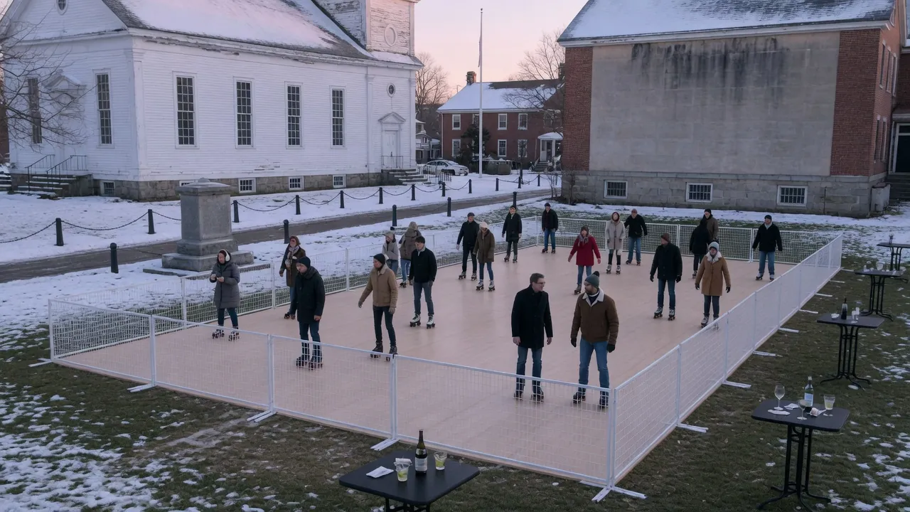 Guests skating on a modular roller floor inside a hotel event room