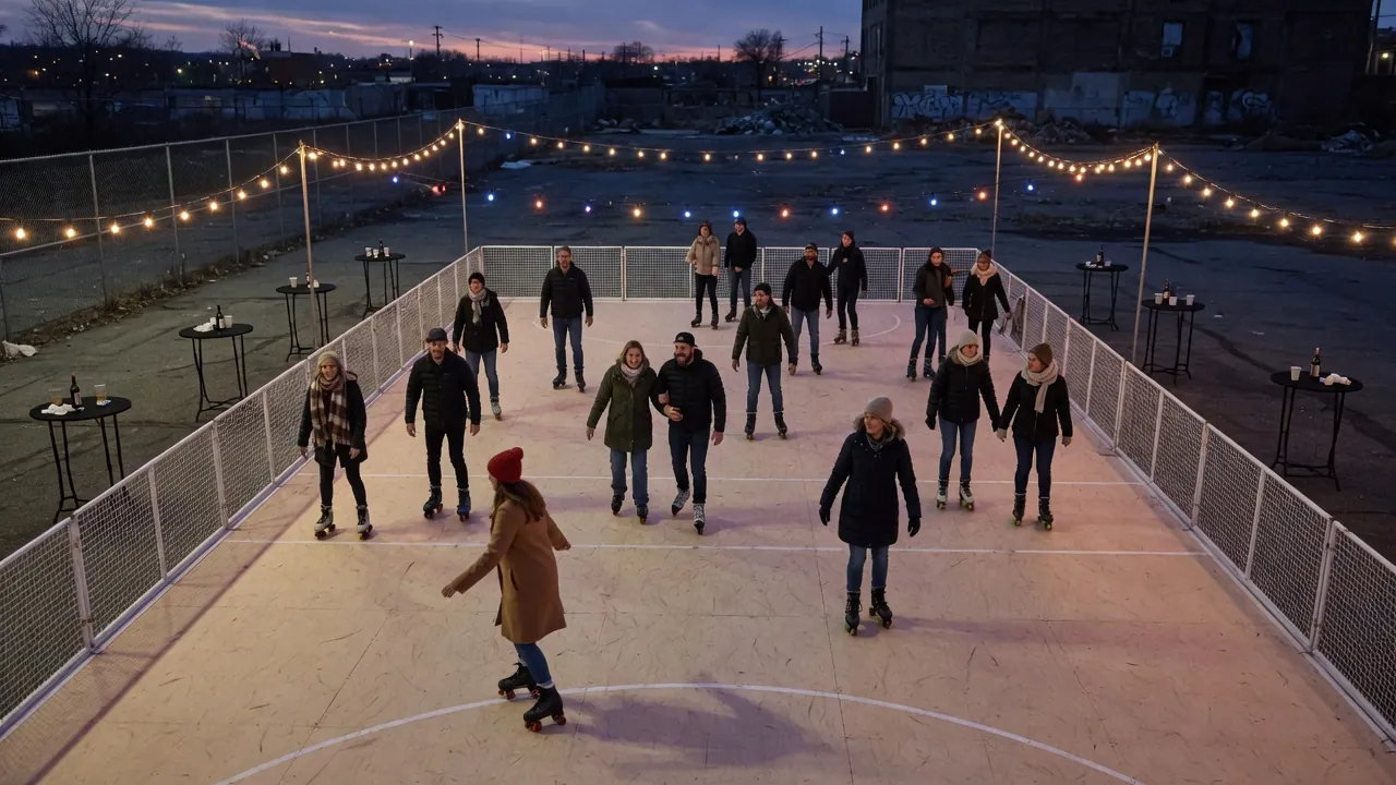 Editorial photo of a portable roller rink setup near a Bethlehem-style event pad; not a specific venue