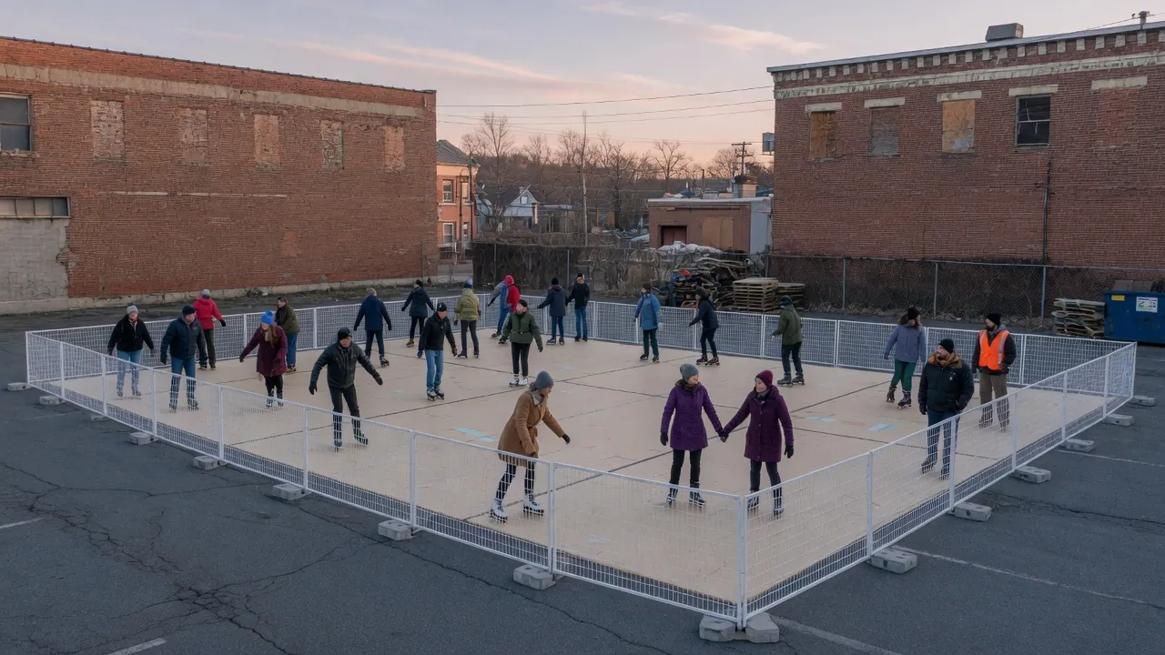 Editorial photo of a portable roller rink on a holiday downtown street; not a specific Bethlehem venue