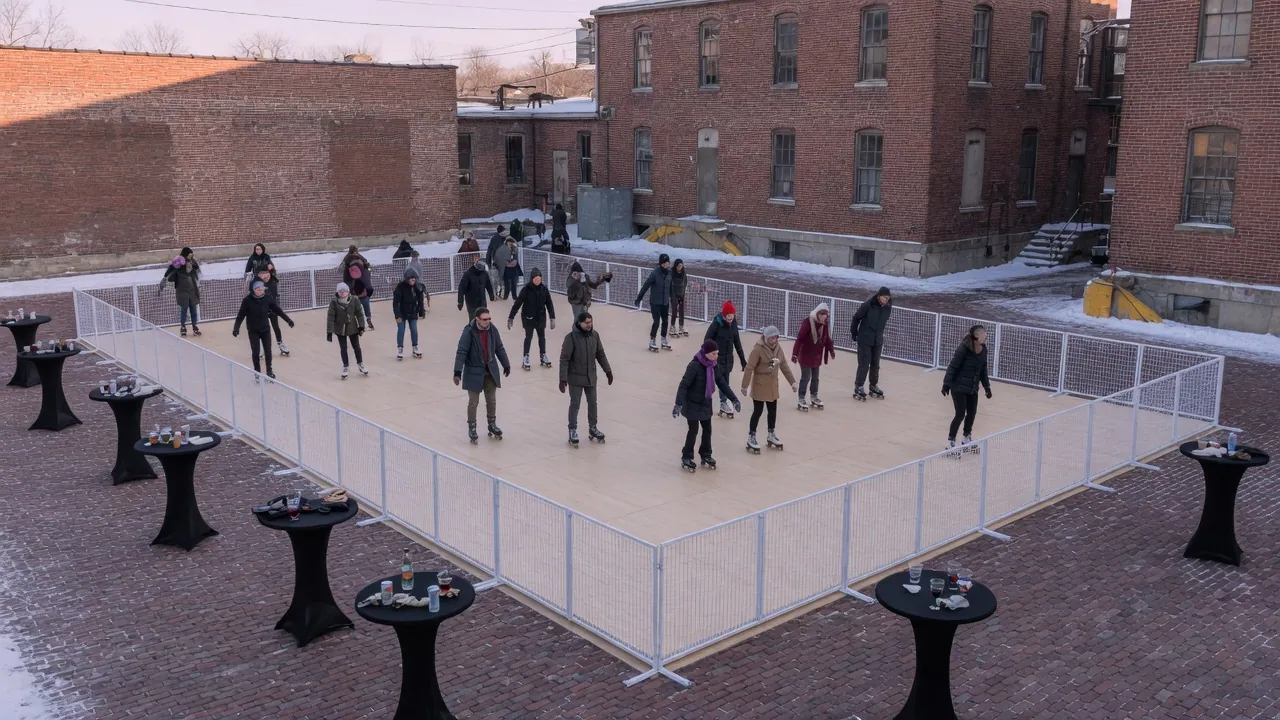 Students skating on a modular roller floor inside a gym