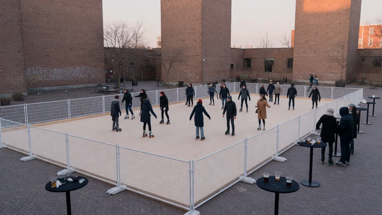 Guests skating on a modular roller floor inside a city event hall