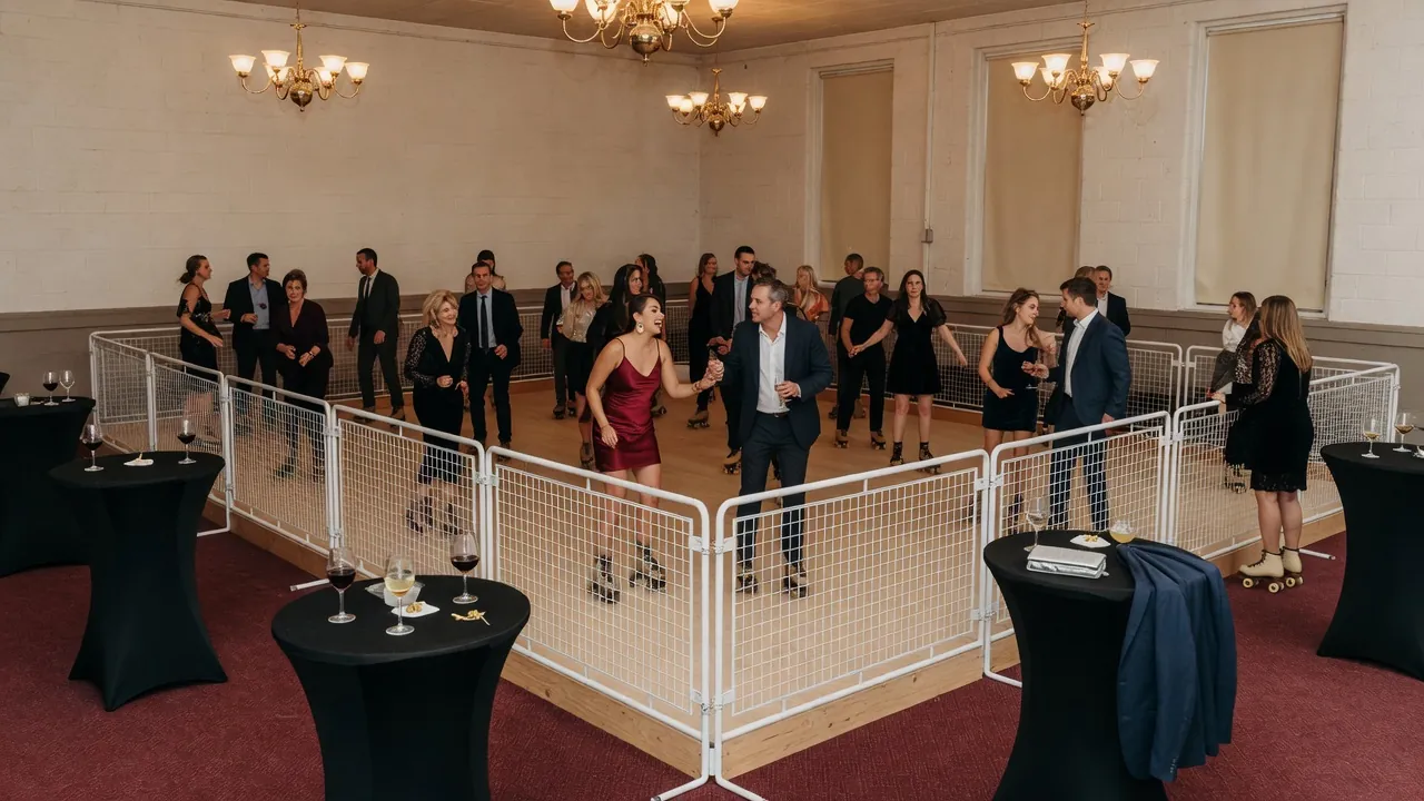 Portable rink rails and floor prepared inside a civic hall