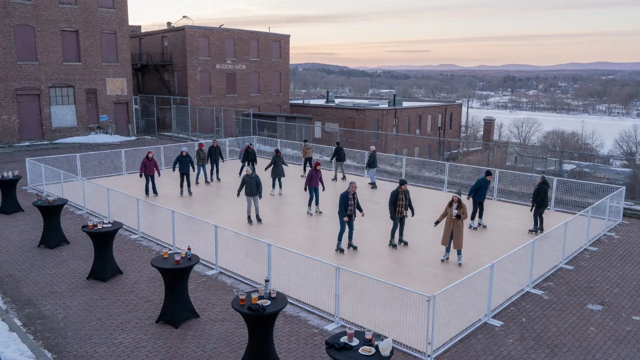 Families skating on a modular roller floor at a community event