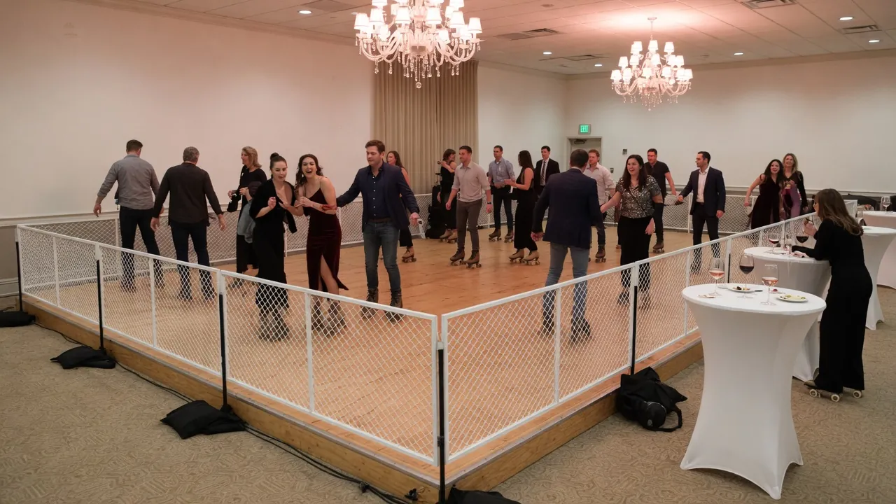 Portable rink rails and dry skating surface prepared indoors