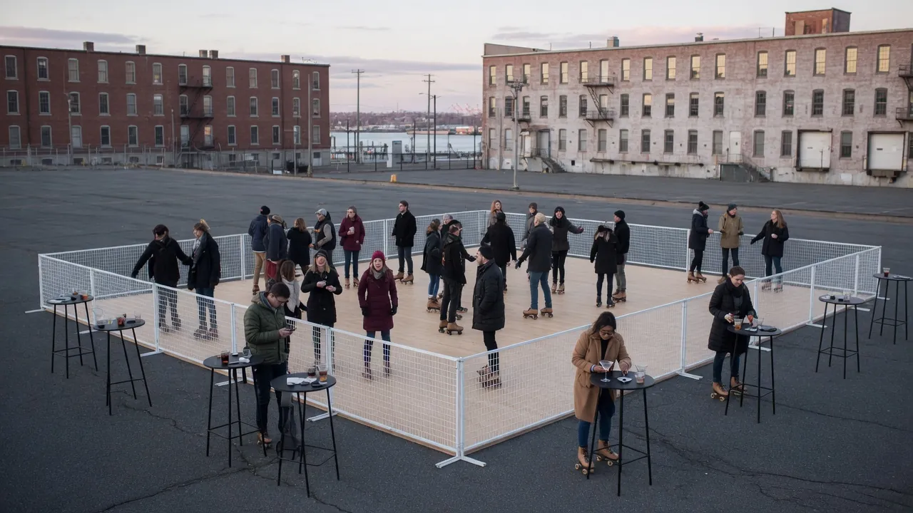 Guests skating on a modular roller floor inside a covered event venue
