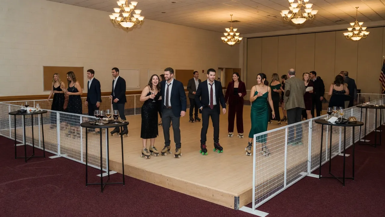 Portable rink rails and floor protection prepared for a school event