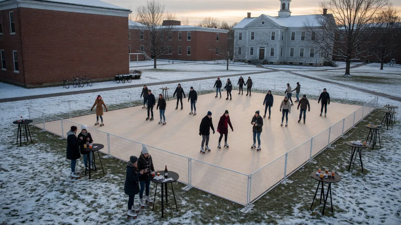 Students skating on a modular roller floor inside a gym