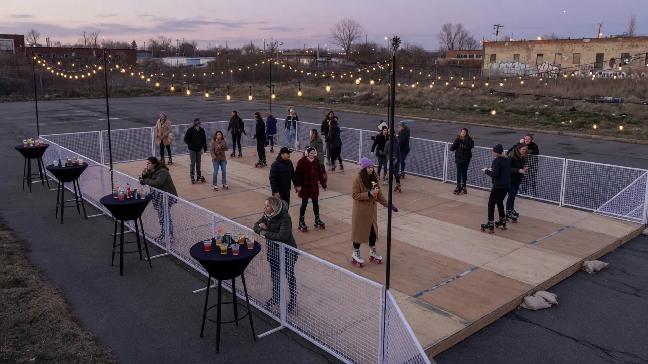 Editorial photo of a portable roller rink setup near a Buffalo-style event pad; not a specific venue