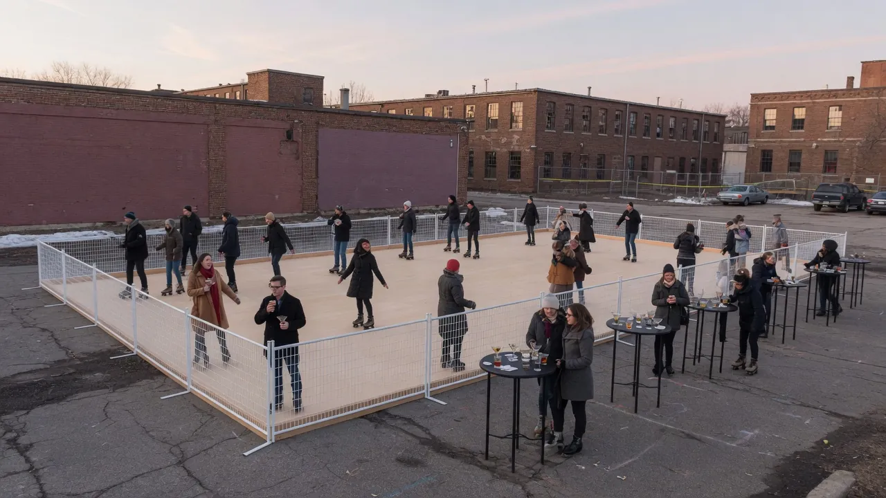 Editorial photo of a portable roller rink in a Buffalo-style setting; not a specific venue