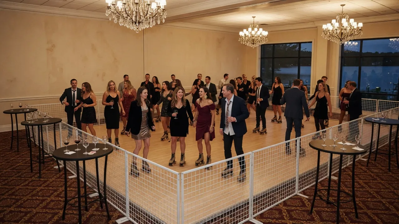 Portable roller rink rails, skates, and event lighting prepared inside indoor halls, covered venues, and weather-aware event spaces