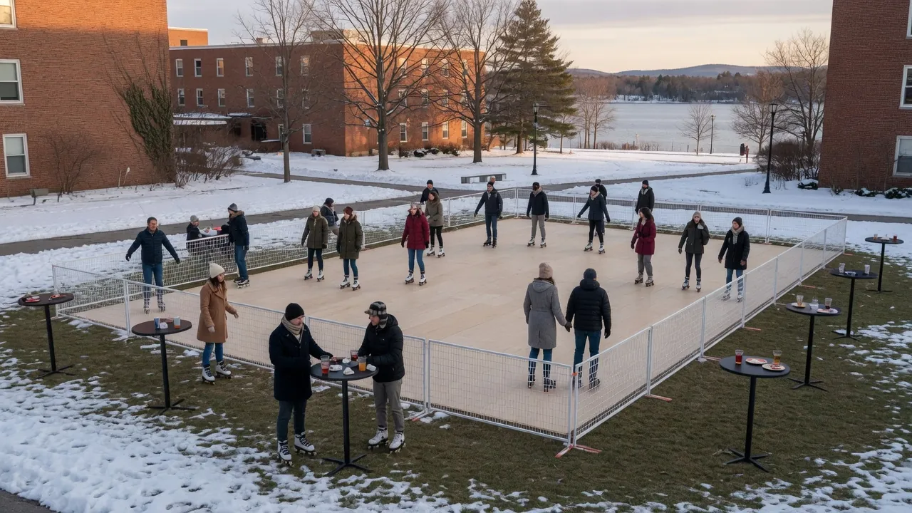 Guests skating on a modular roller floor inside a covered event venue