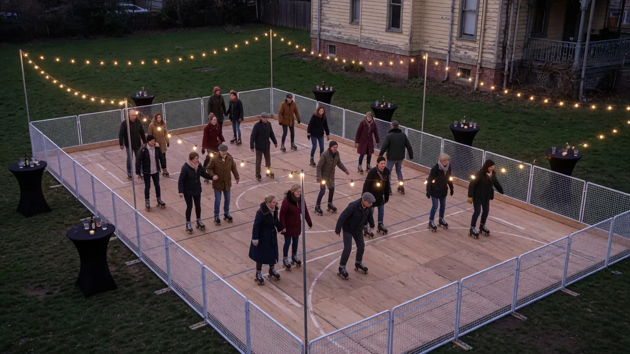 Editorial photo of a portable roller rink setup near a Cape May-style event pad; not a specific venue