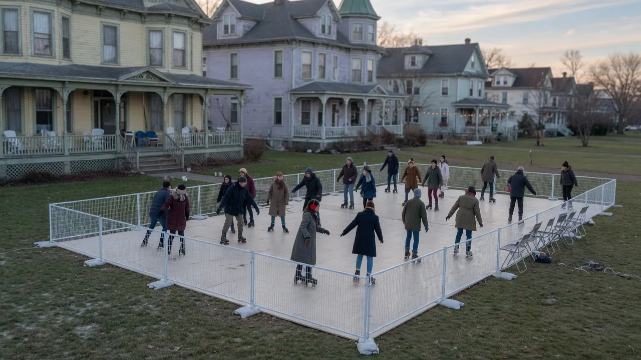 Editorial photo of a portable roller rink in a Cape May-style setting; not a specific venue