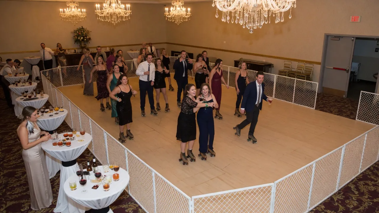 Portable roller rink rails and skating surface prepared for guests