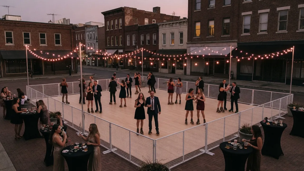 Guests skating on a modular roller floor at an event venue