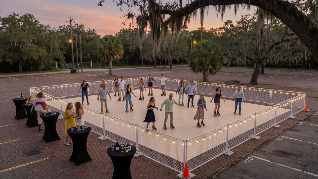 Guests skating on a modular roller floor inside a covered event venue