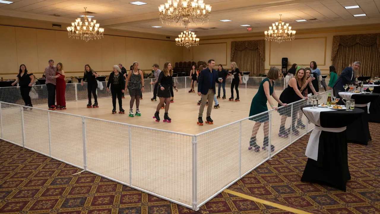 Portable roller rink rails and skating surface prepared in a ballroom