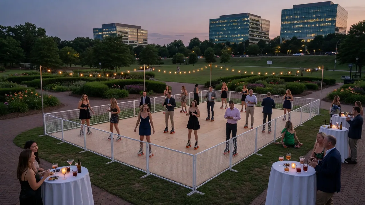Guests skating on a modular roller floor inside a city event hall