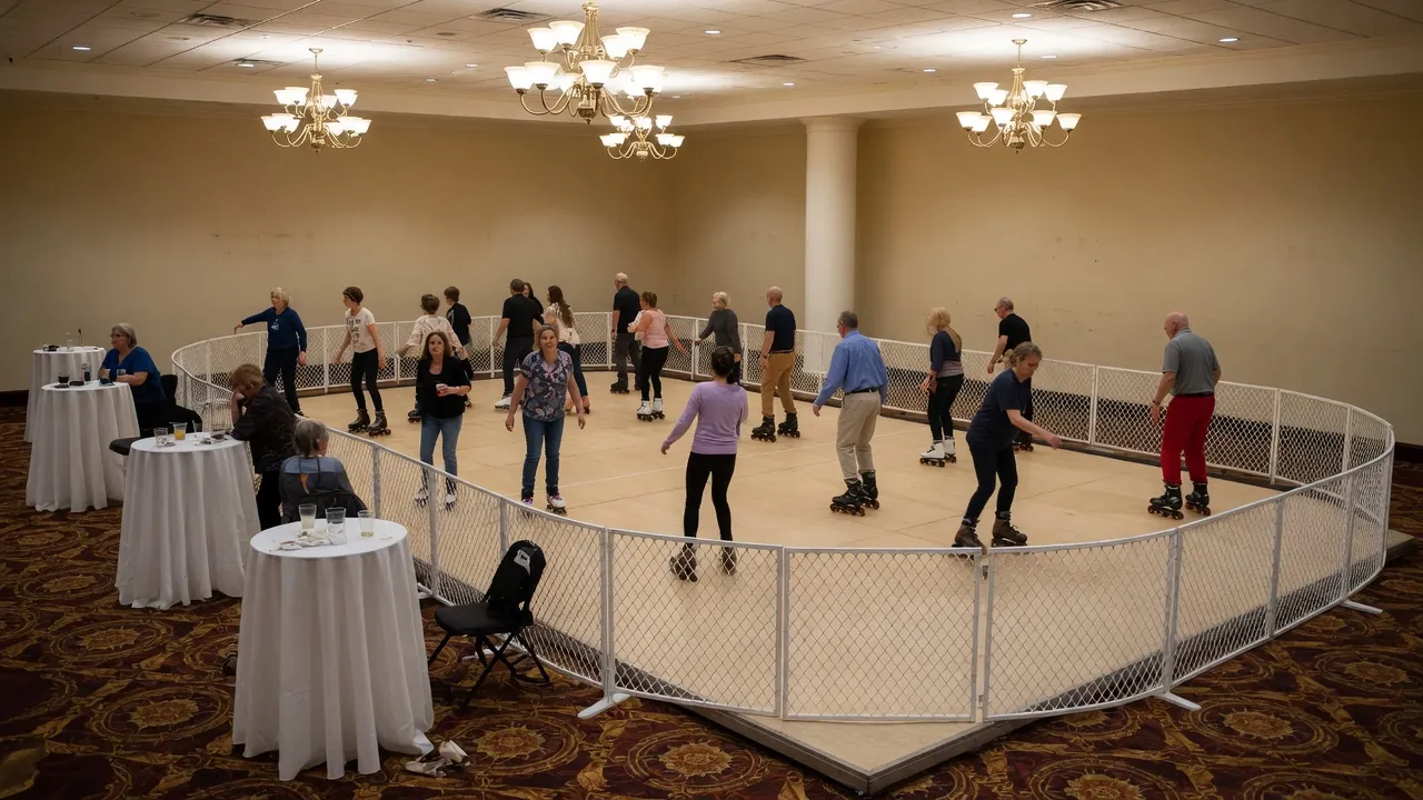 Editorial photo of a portable roller rink in a banquet-hall indoor rink; not a specific Cherry Hill venue