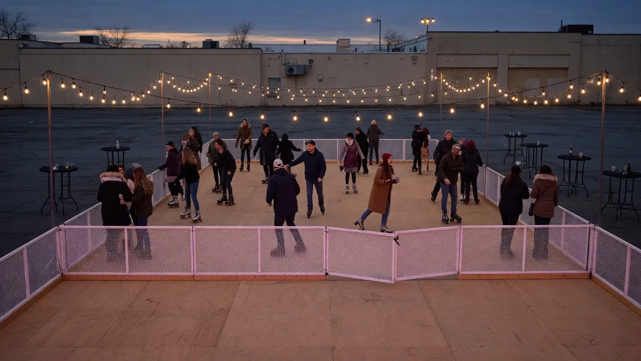 Editorial photo of a portable roller rink setup near a Cherry Hill-style event pad; not a specific venue