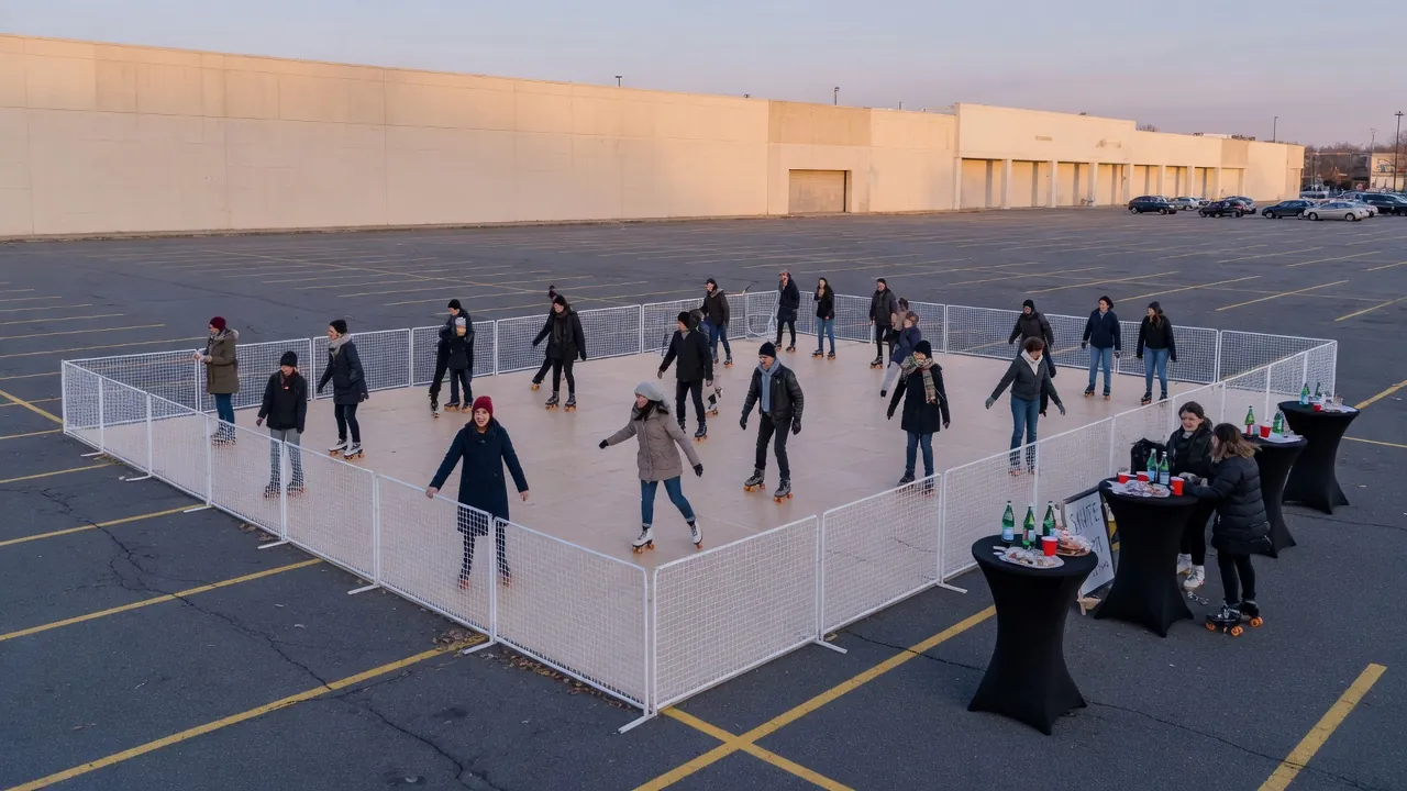 Editorial photo of a portable roller rink on a suburban mall-lot winter festival; not a specific Cherry Hill venue