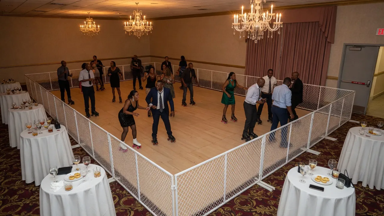 Portable rink rails and lighting prepared in a commercial event zone