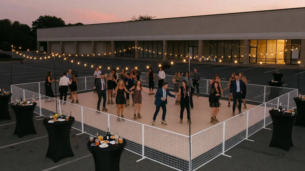 Guests skating on a modular roller floor at a retail event