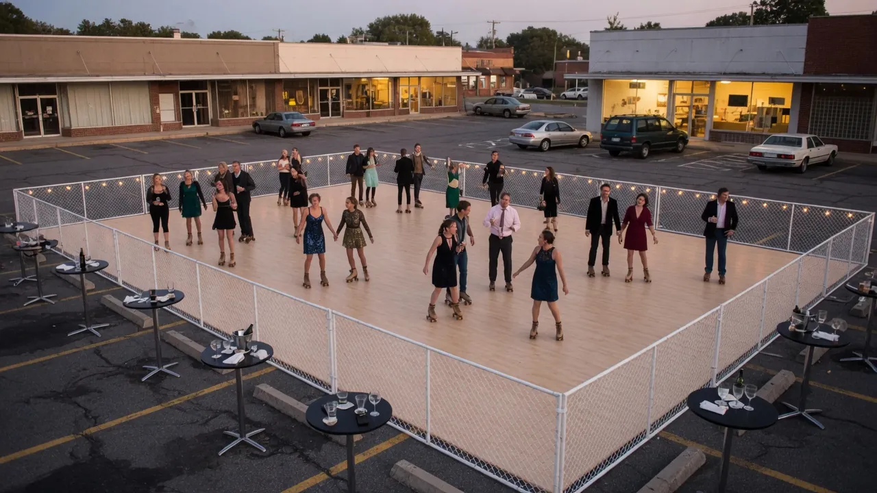 Guests skating on a modular roller floor at a retail event