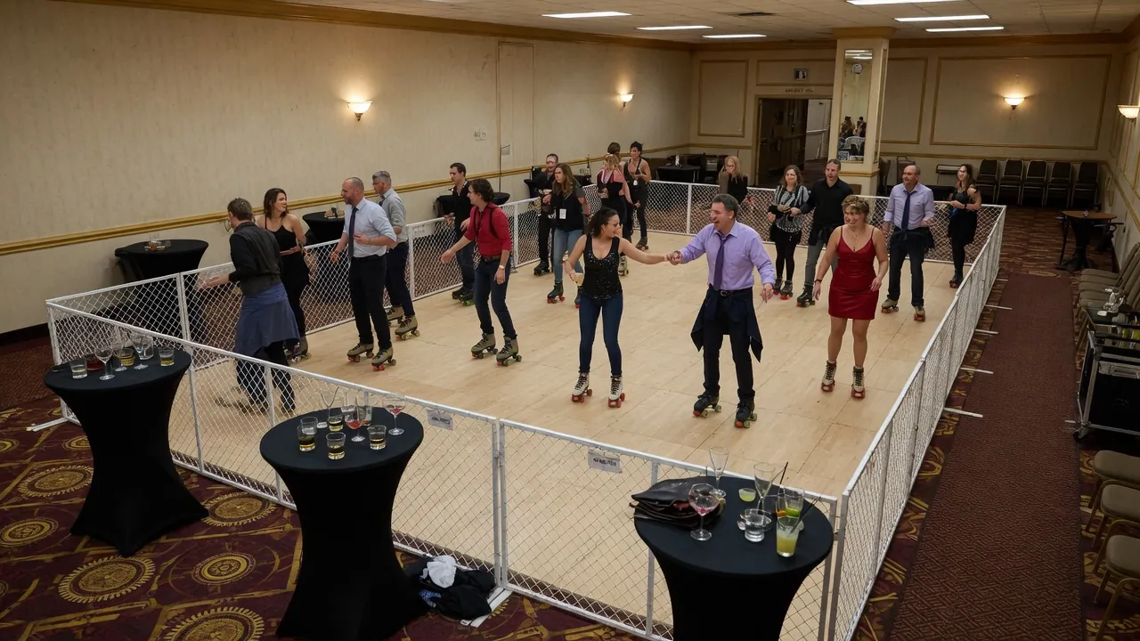 Portable rink rails and floor prepared inside a civic hall