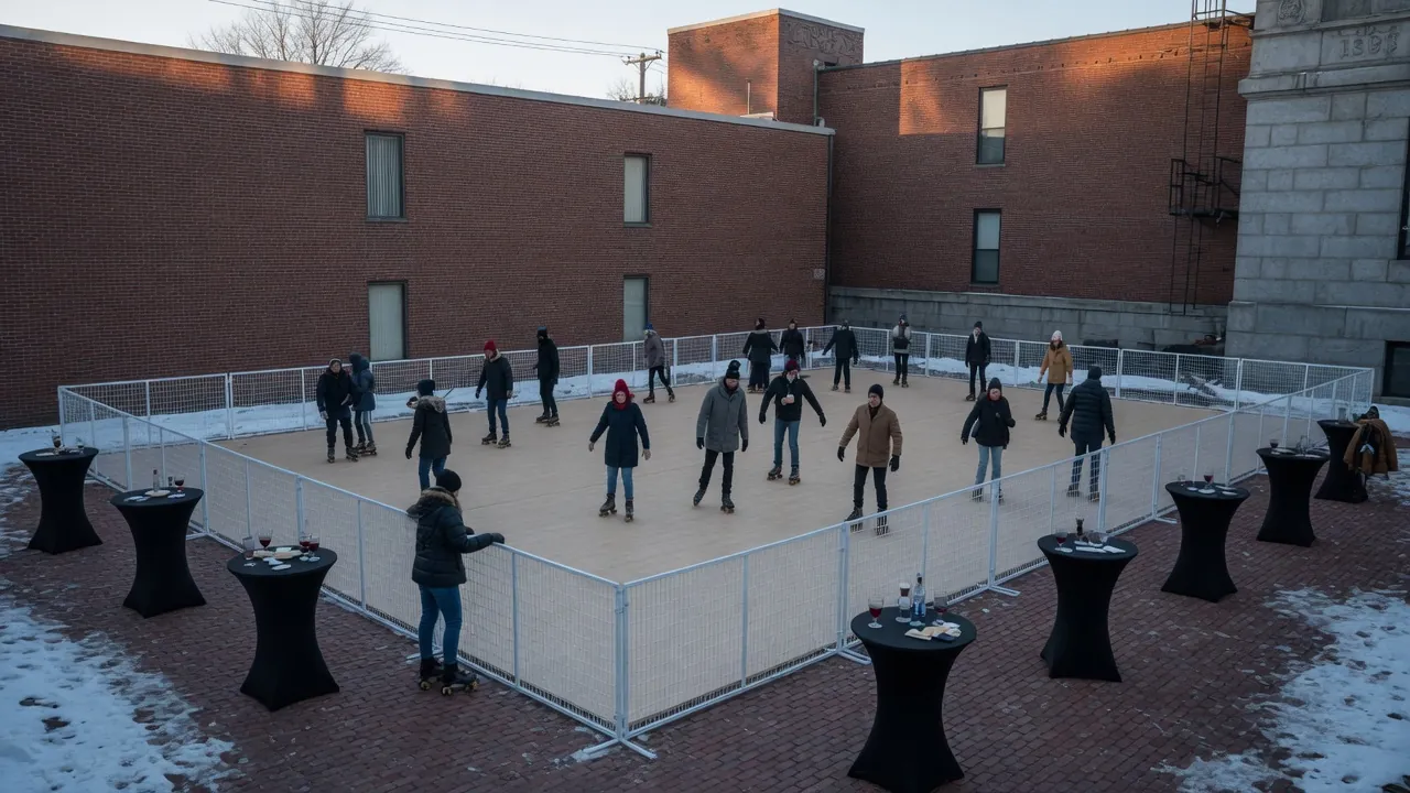 Students skating on a modular roller floor inside a gym