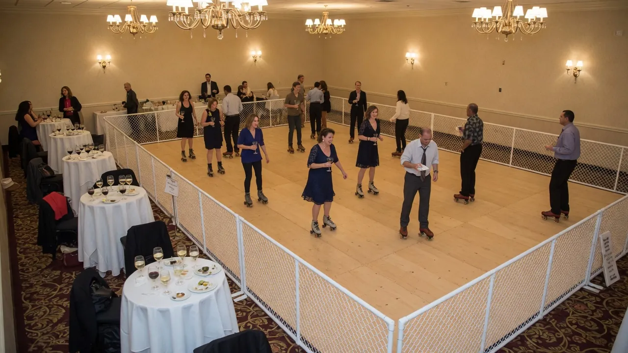 Portable roller rink floor, rails, skates, and fitting area prepared for guests