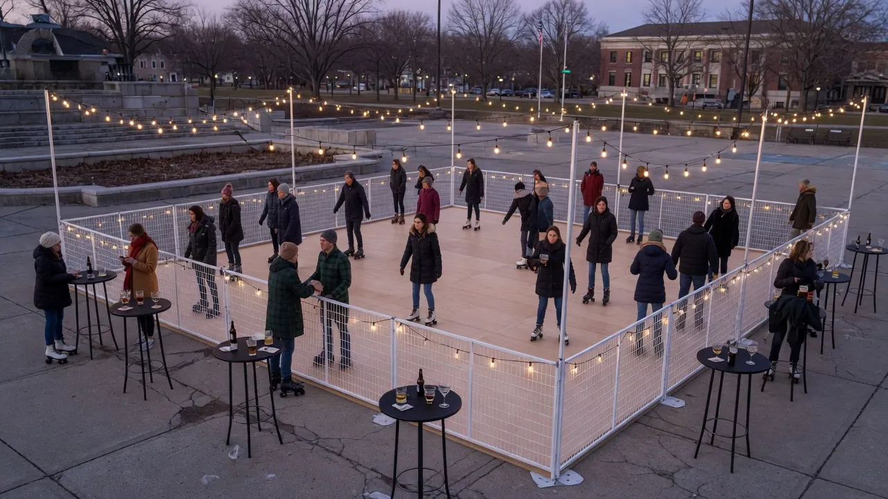 Guests skating on a modular roller floor at an indoor event